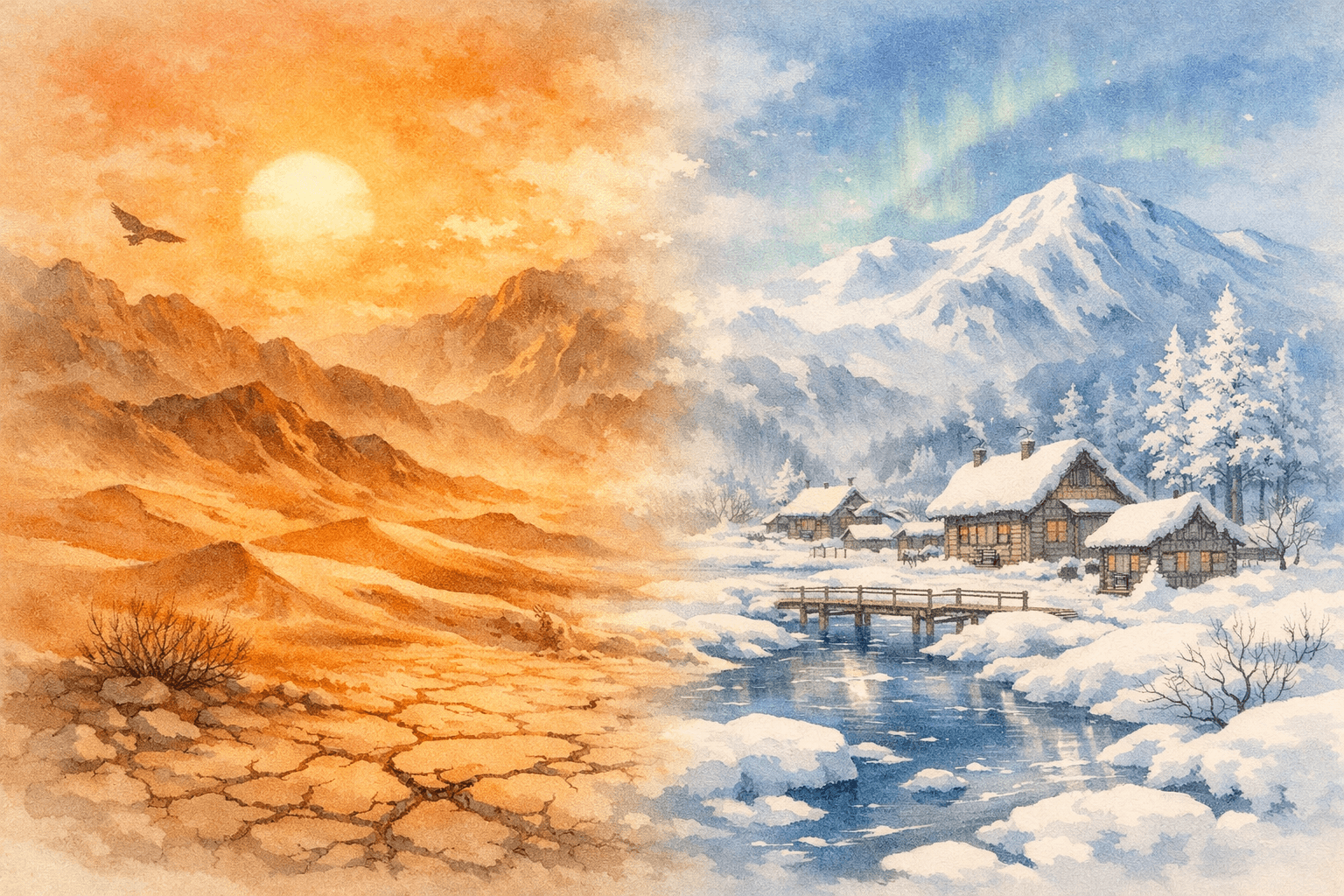 灼熱の谷と極寒の村のイラスト